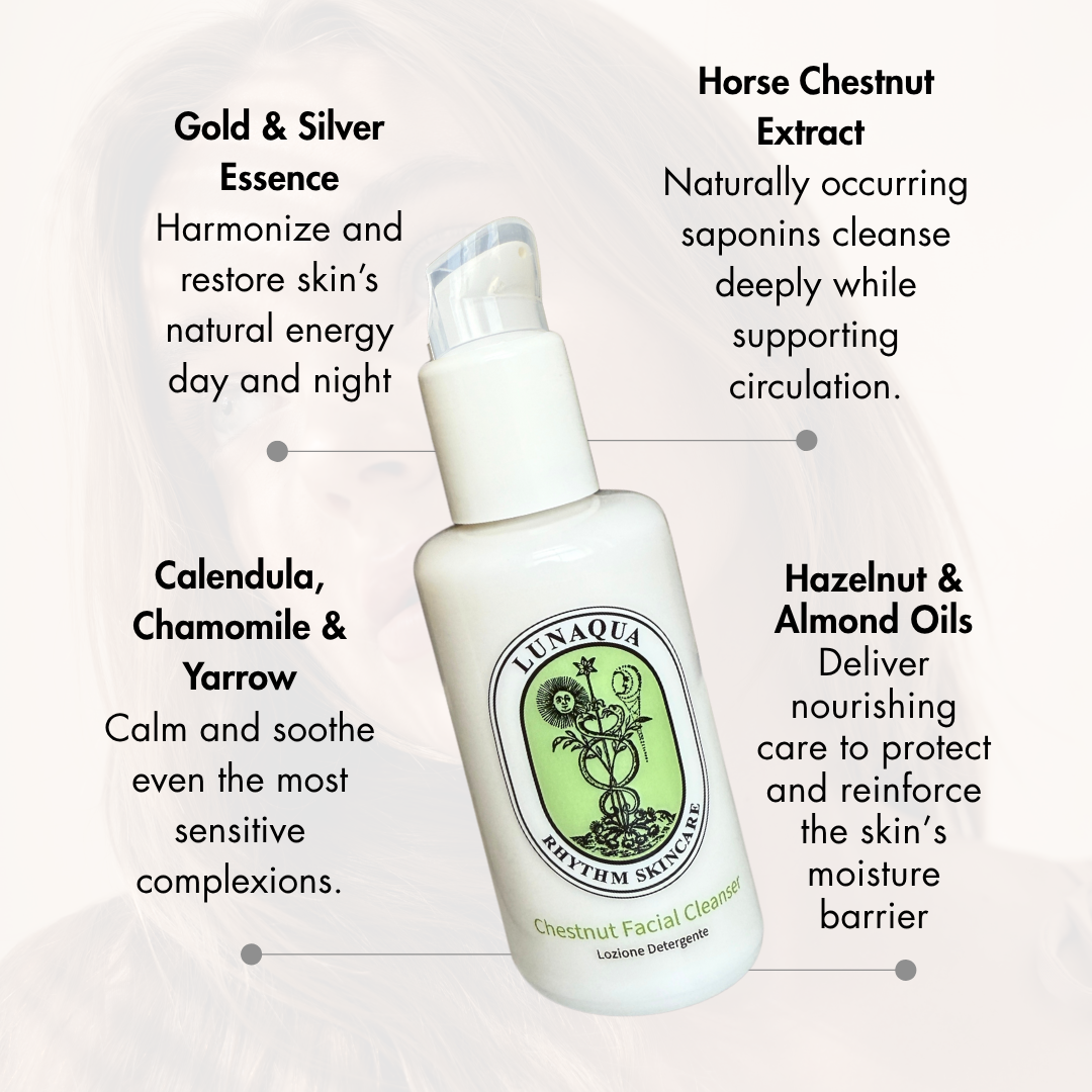 Lunaqua skincare Chestnut cleanser product with text about its ingredients and benefits on a white background