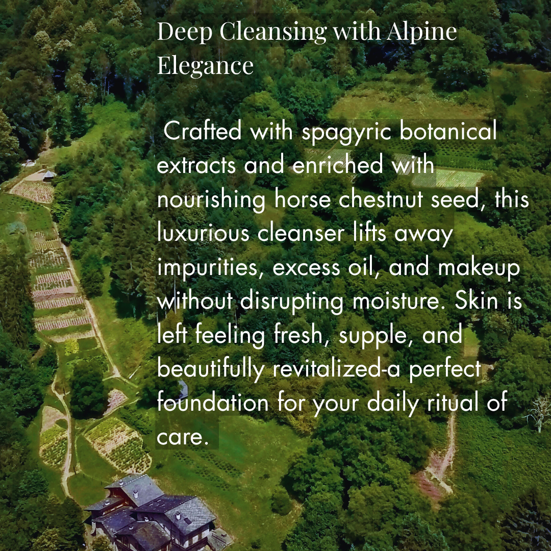 A scenic view of a forest with a house in the background, overlaid with text about a skincare product.