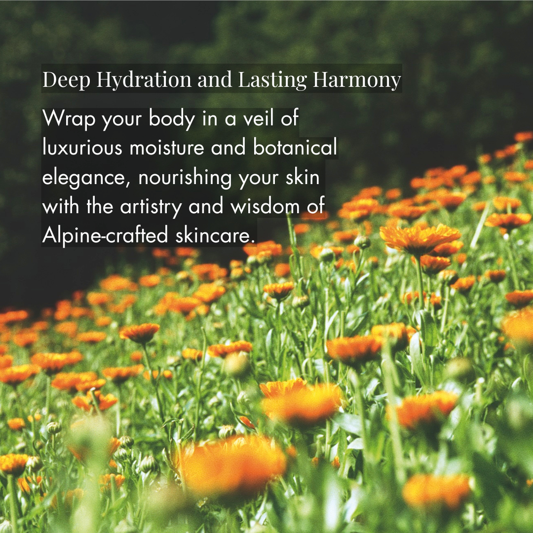 Field of orange flowers with text about skincare and hydration.