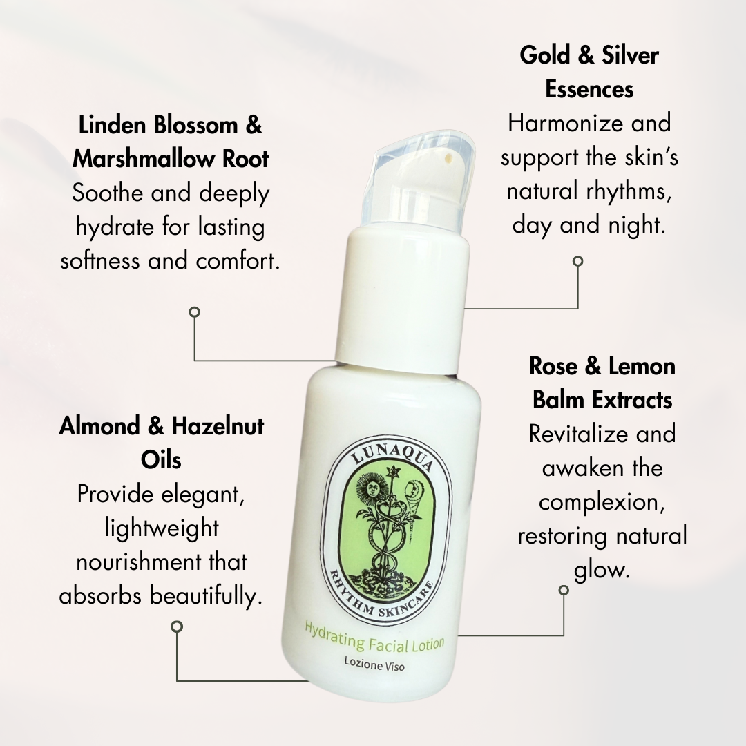 Lunaqua hydrating facial lotion bottle with product features on a white background