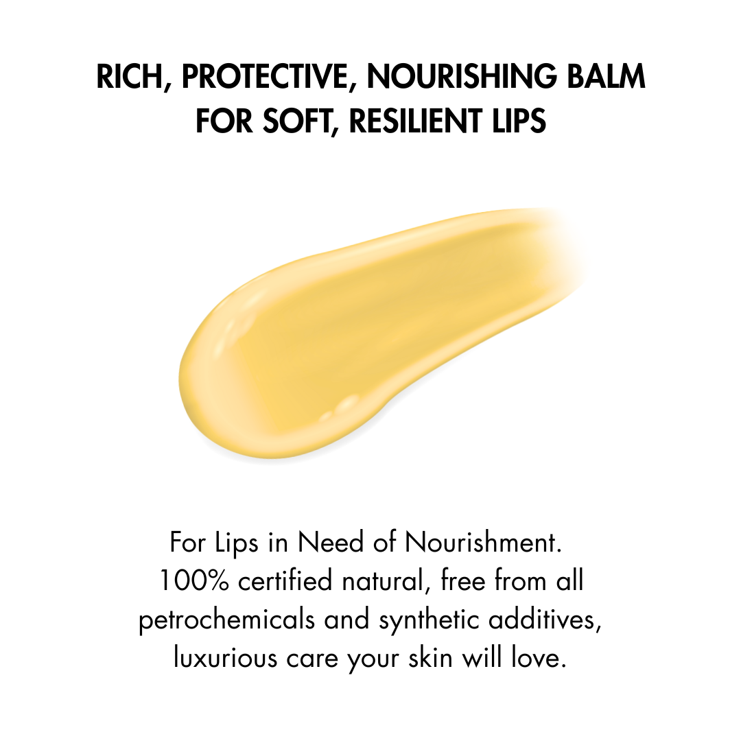 Lip balm swatch with text about its benefits on a white background