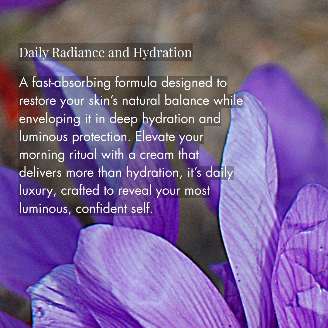 Purple flowers with text about daily radiance and hydration