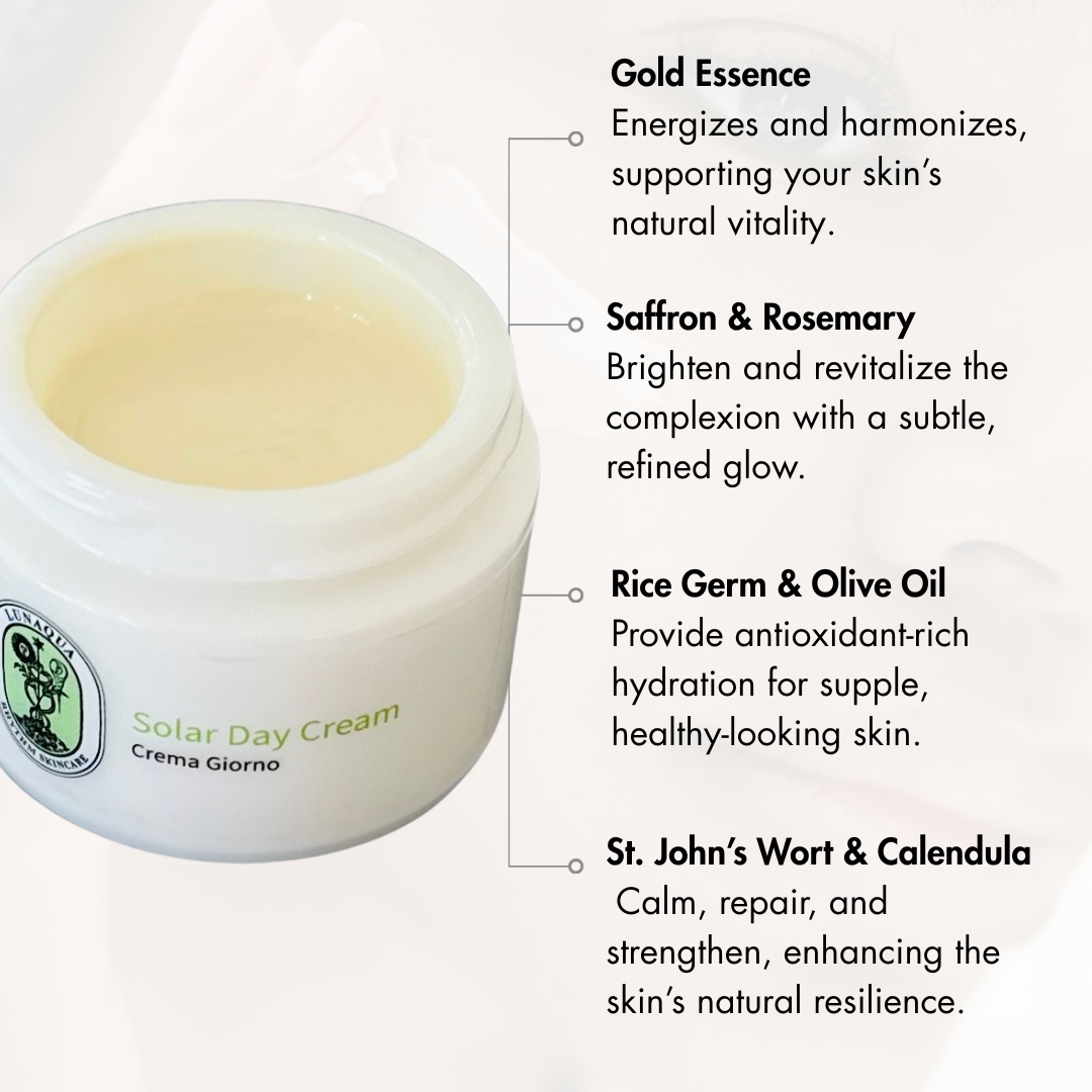 Jar of Solar Day Cream with text describing its ingredients and benefits