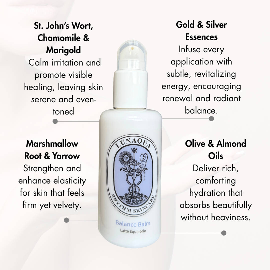 Lunaqua Balance Balm skincare product with text about ingredients and benefits on a white background