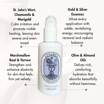 Lunaqua Balance Balm skincare product with text about ingredients and benefits on a white background