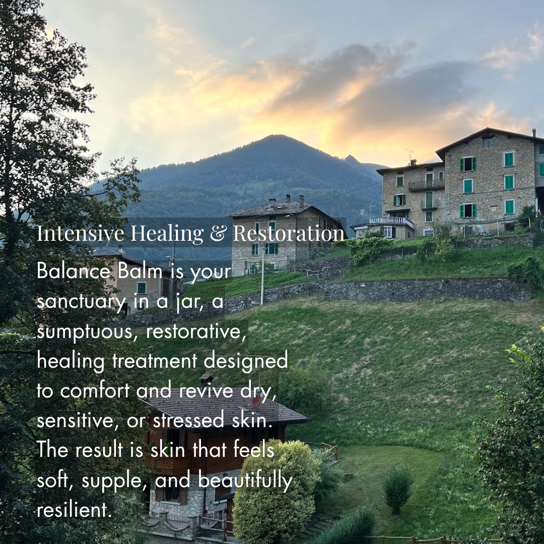 Village scene with text overlay about Intensive Healing & Restoration Balance Balm