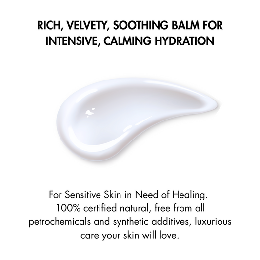 White balm smear with text about rich, velvety, soothing balm for intensive, calming hydration.