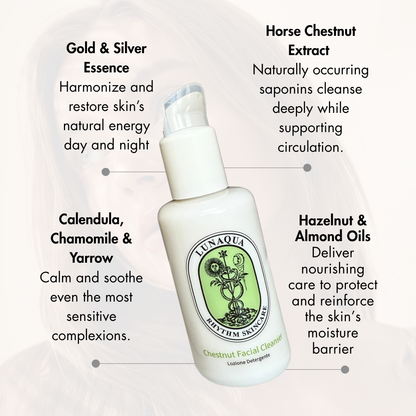 Lunaqua skincare Chestnut cleanser product with text about its ingredients and benefits on a white background