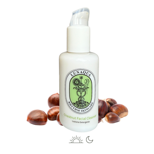 Lunaqua chestnut facial cleanser bottle with chestnuts on a white background
