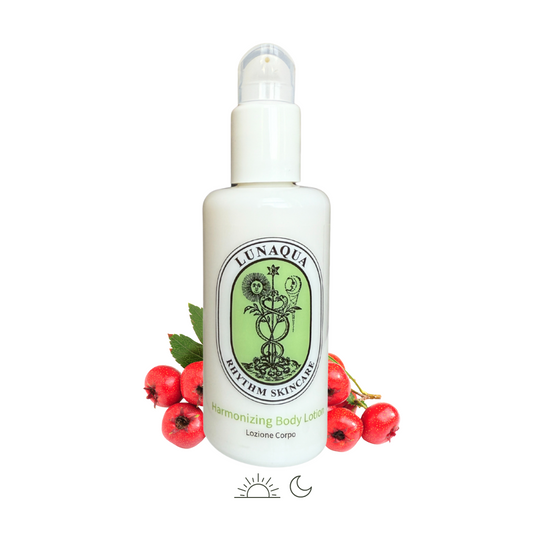 Harmonizing Body Lotion Lunaqua body lotion bottle with green label and red berries on a white background