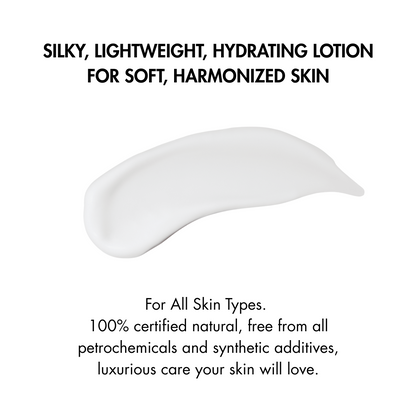 Silky, lightweight hydrating lotion with text on a white background