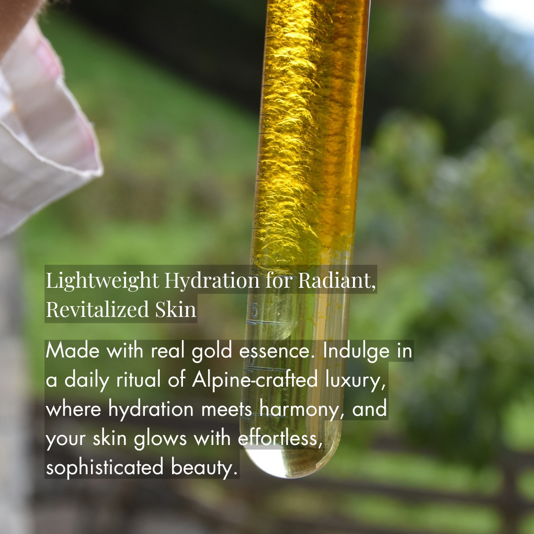 Amber-colored dropper bottle with gold liquid against a blurred green background