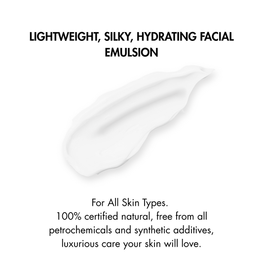 Facial emulsion swatch with text about its properties on a white background