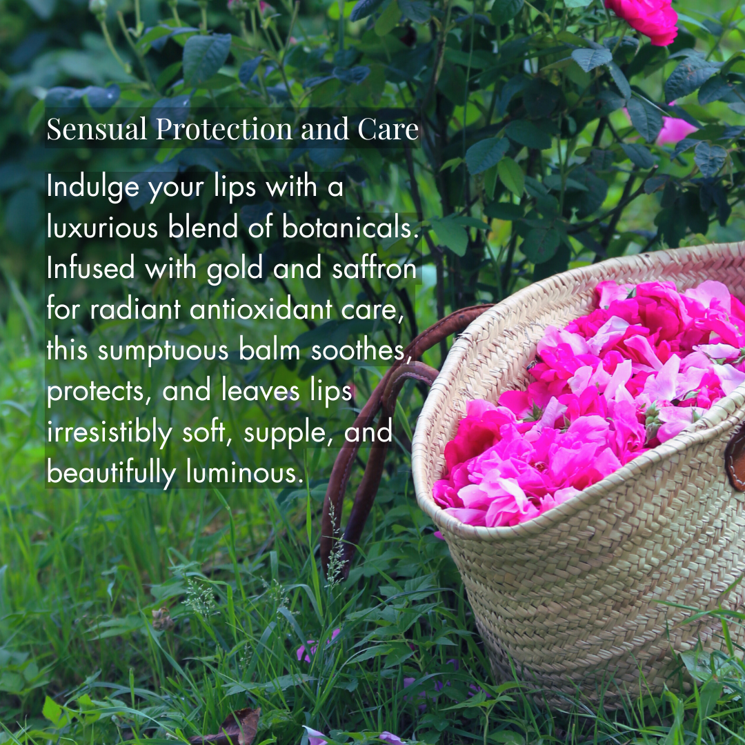 Wicker basket filled with pink flowers in a natural setting with text about lip balm.