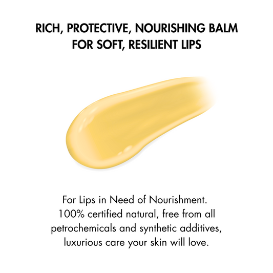 Lip balm swatch with text about its benefits on a white background