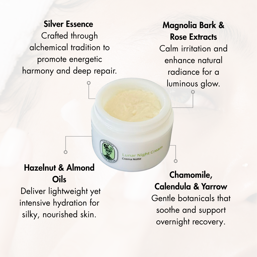 Cosmetic cream jar with text detailing ingredients and benefits on a white background