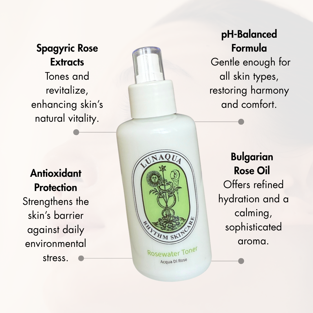Lunaqua Rosewater toner skincare product with features listed on a light background