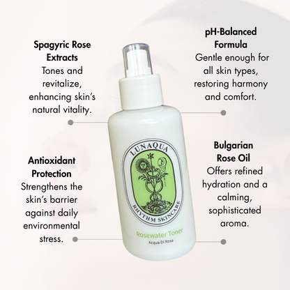 Lunaqua Rosewater toner skincare product with features listed on a light background