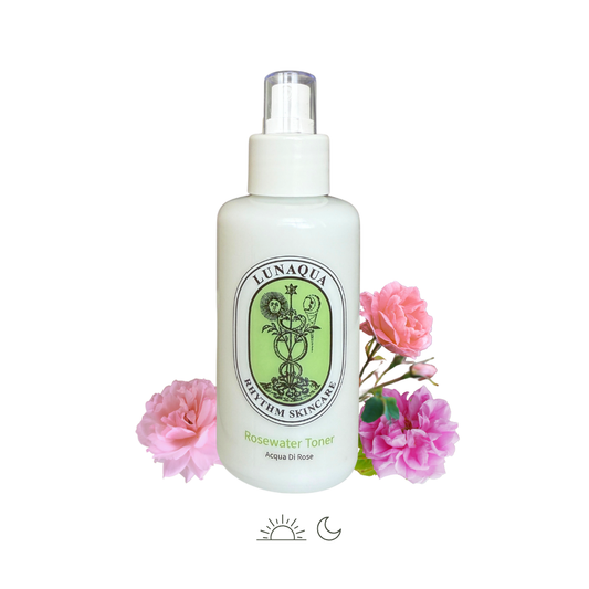 Lunaqua Rosewater Toner bottle with pink roses on a white background