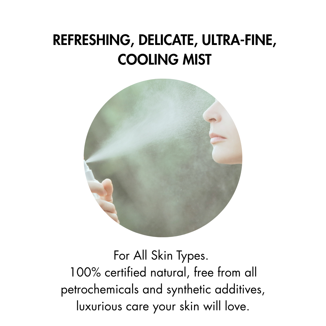 Person using a face mist with text about product features on a white background
