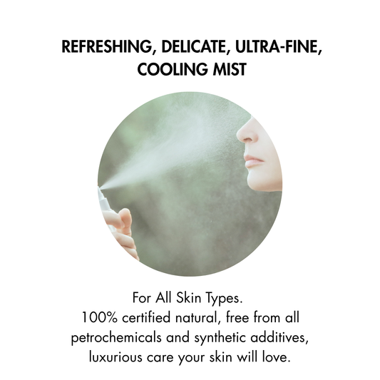 Person using a face mist with text about product features on a white background