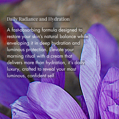 Purple flowers with text about daily radiance and hydration